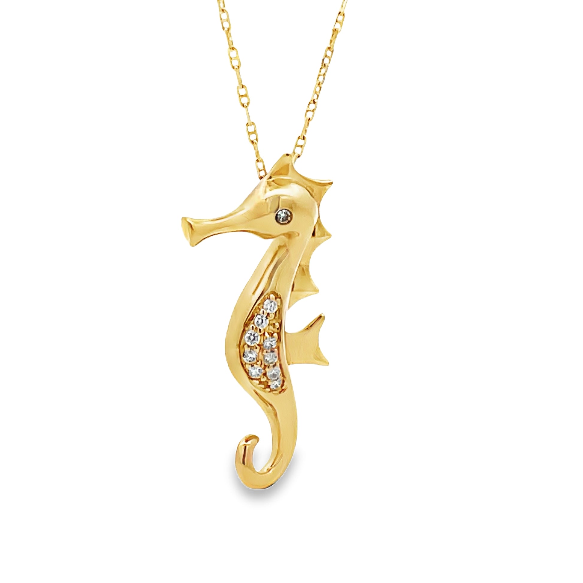 Side view of 14k Yellow Gold Diamond Seahorse Pendant Necklace