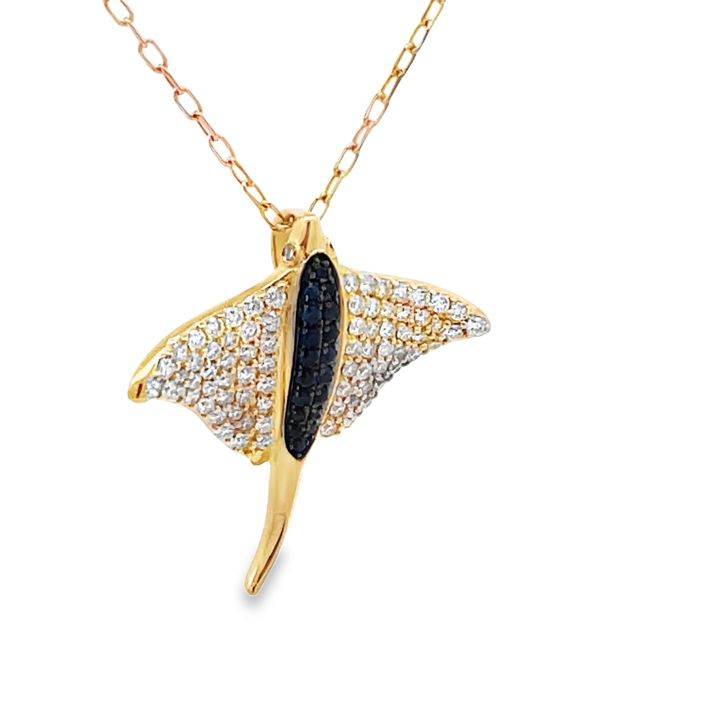 Side view of 14k Yellow Gold Sapphire and Diamond Stingray Pendant Necklace