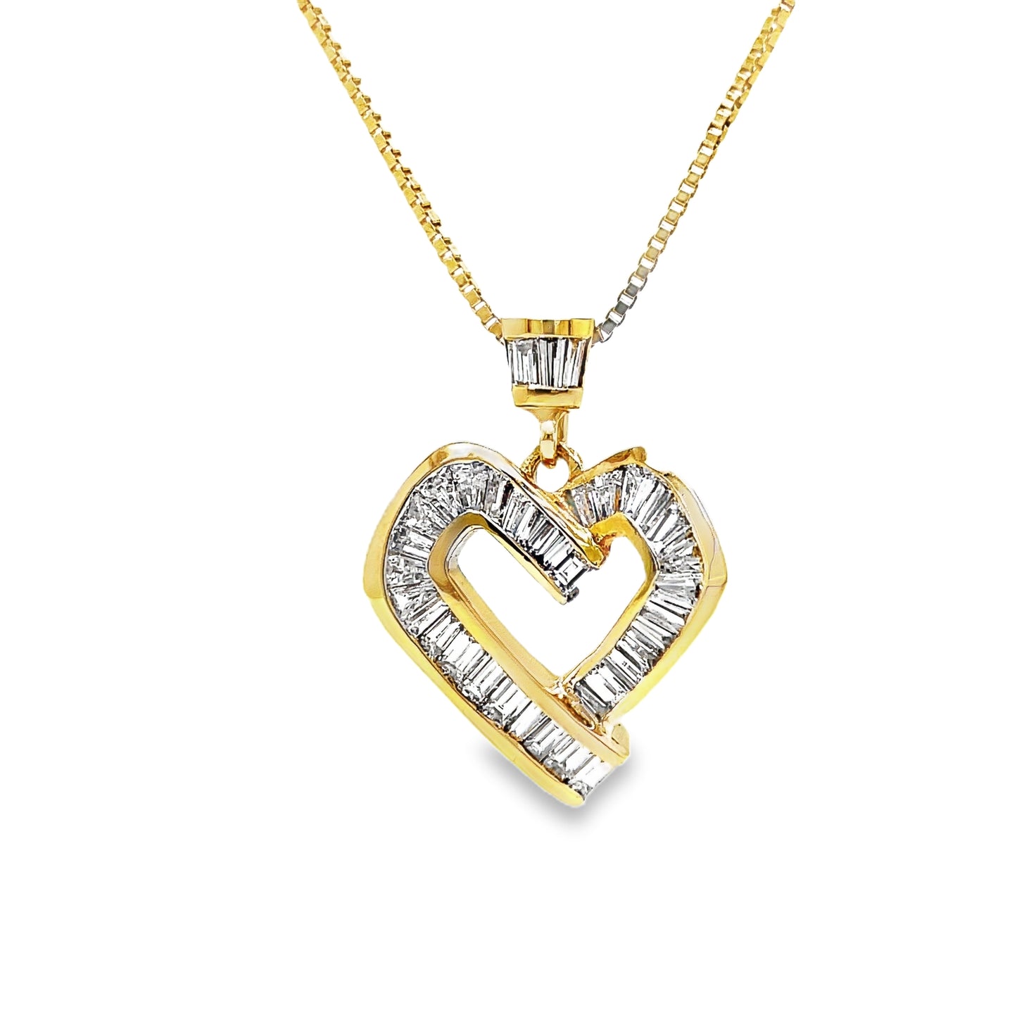 18K Yellow Gold Baguette Cut Diamond Heart Pendant Necklace Front view