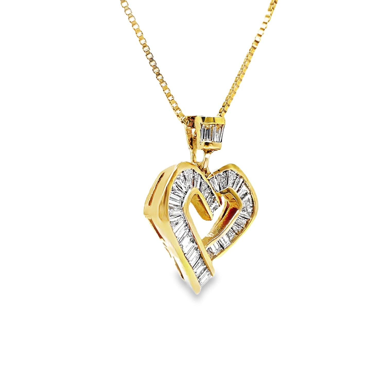 18K Yellow Gold Baguette Cut Diamond Heart Pendant Necklace Side view