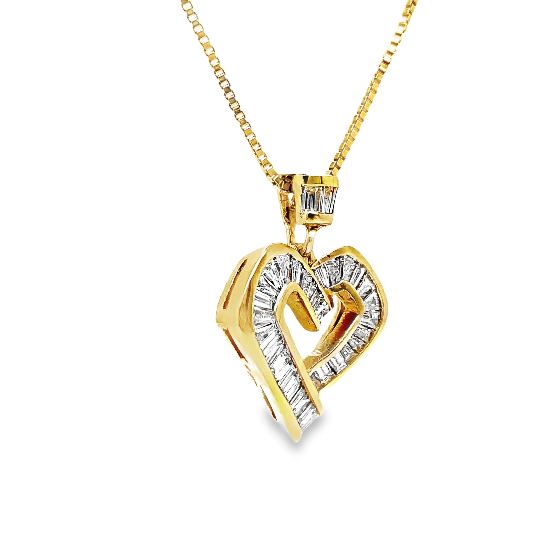 18K Yellow Gold Baguette Cut Diamond Heart Pendant Necklace Side view