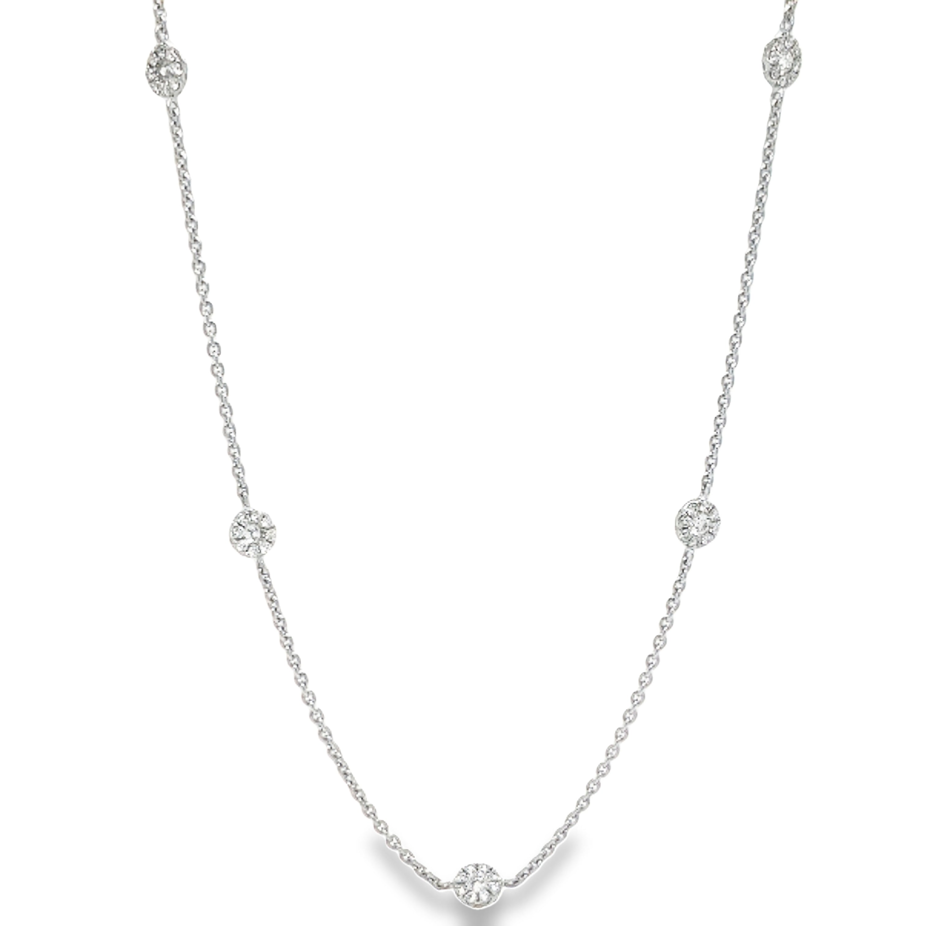 ntroducing our Diamond Rondelle Necklace, crafted in 18K white gold with a stunning 1.73 carat round diamond centerpiece. Adorned with 12 diamond rondelle stations, this piece exudes luxury and elegance. The secure lobster catch ensures a flawless fit. Elevate your style with this exclusive necklace.