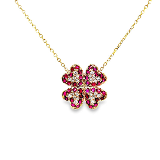 Four Petal Ruby and Diamond Pendant Necklace Front view
