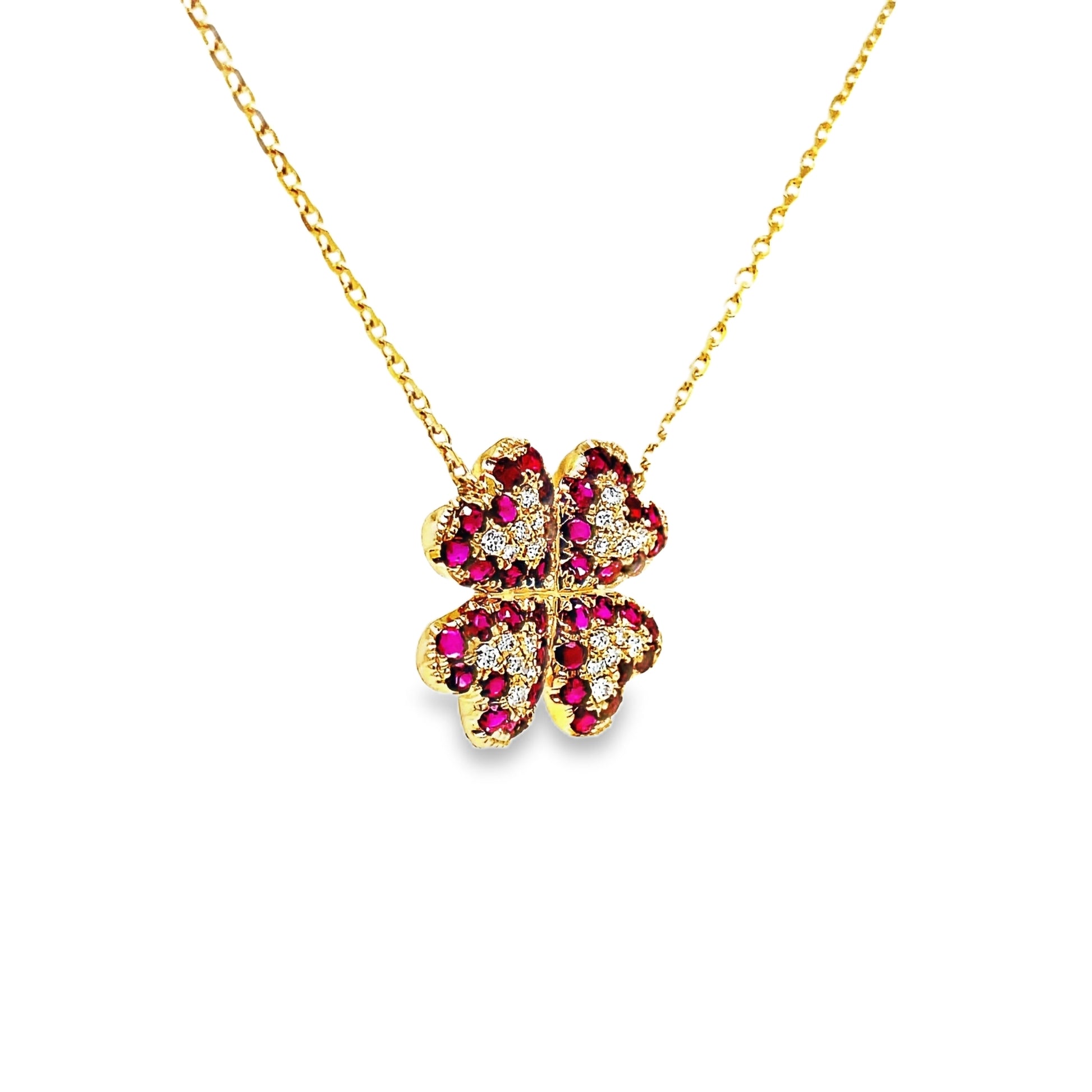 Four Petal Ruby and Diamond Pendant Necklace Side view