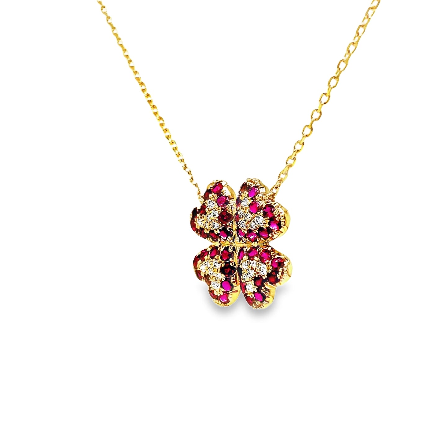 Four Petal Ruby and Diamond Pendant Necklace Side view