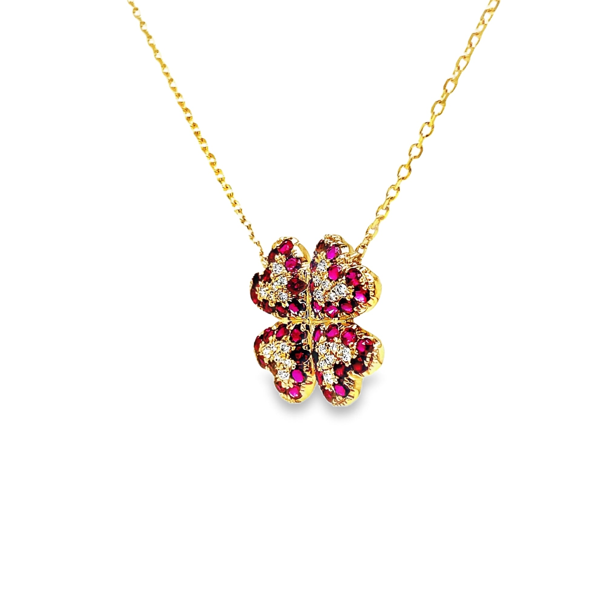 Four Petal Ruby and Diamond Pendant Necklace Side view