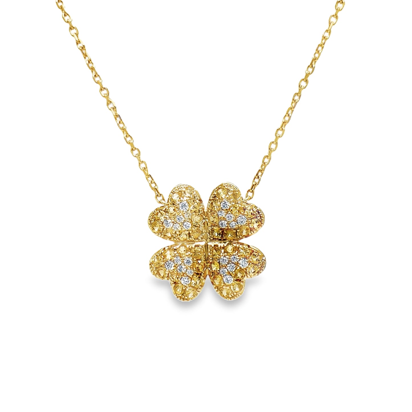 Four Petal Yellow Sapphire & Diamond Pendant Necklace Front view