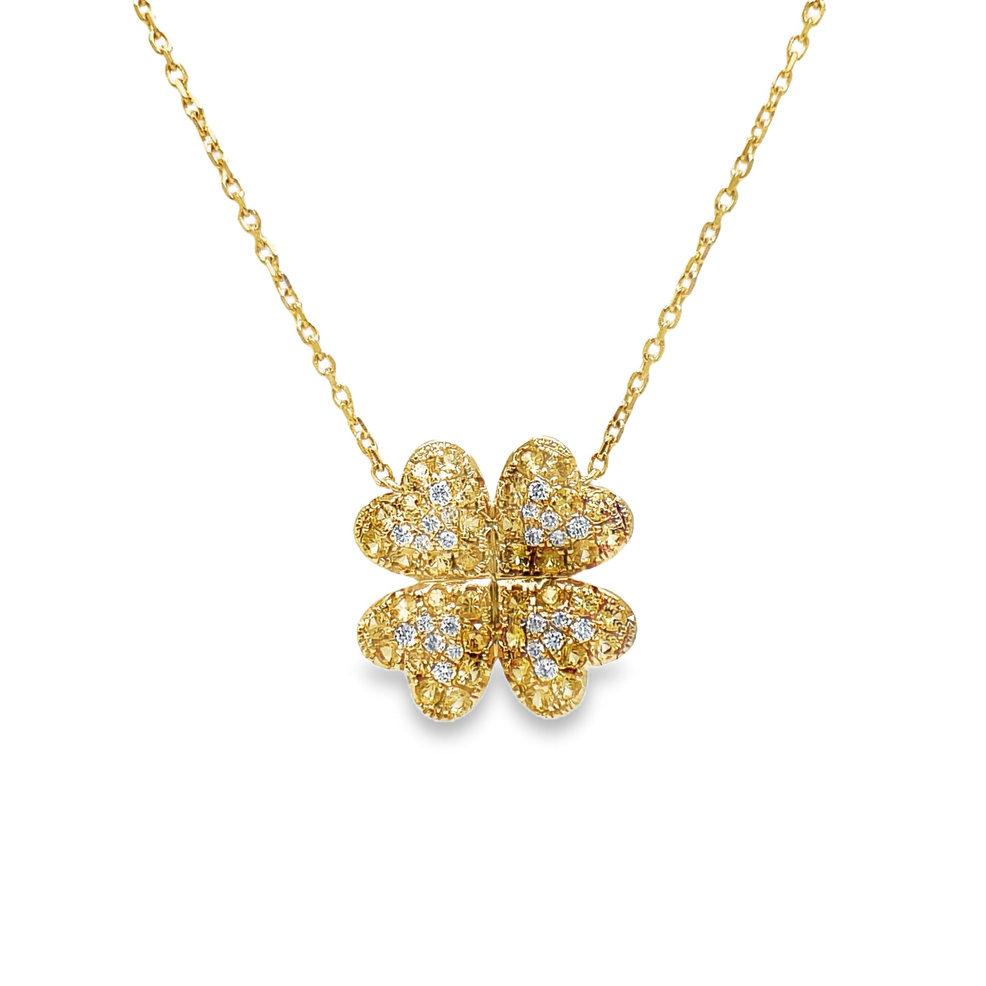 Four Petal Yellow Sapphire & Diamond Pendant Necklace Front view