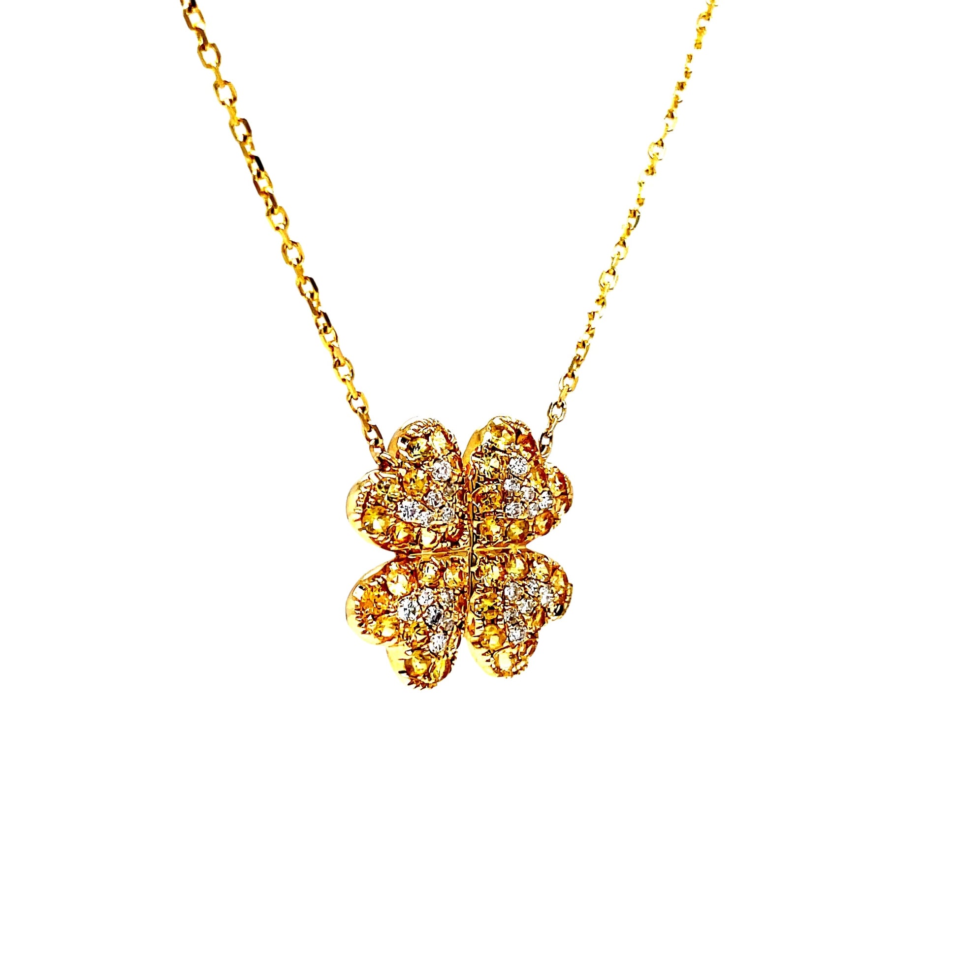 Four Petal Yellow Sapphire & Diamond Pendant Necklace Side view