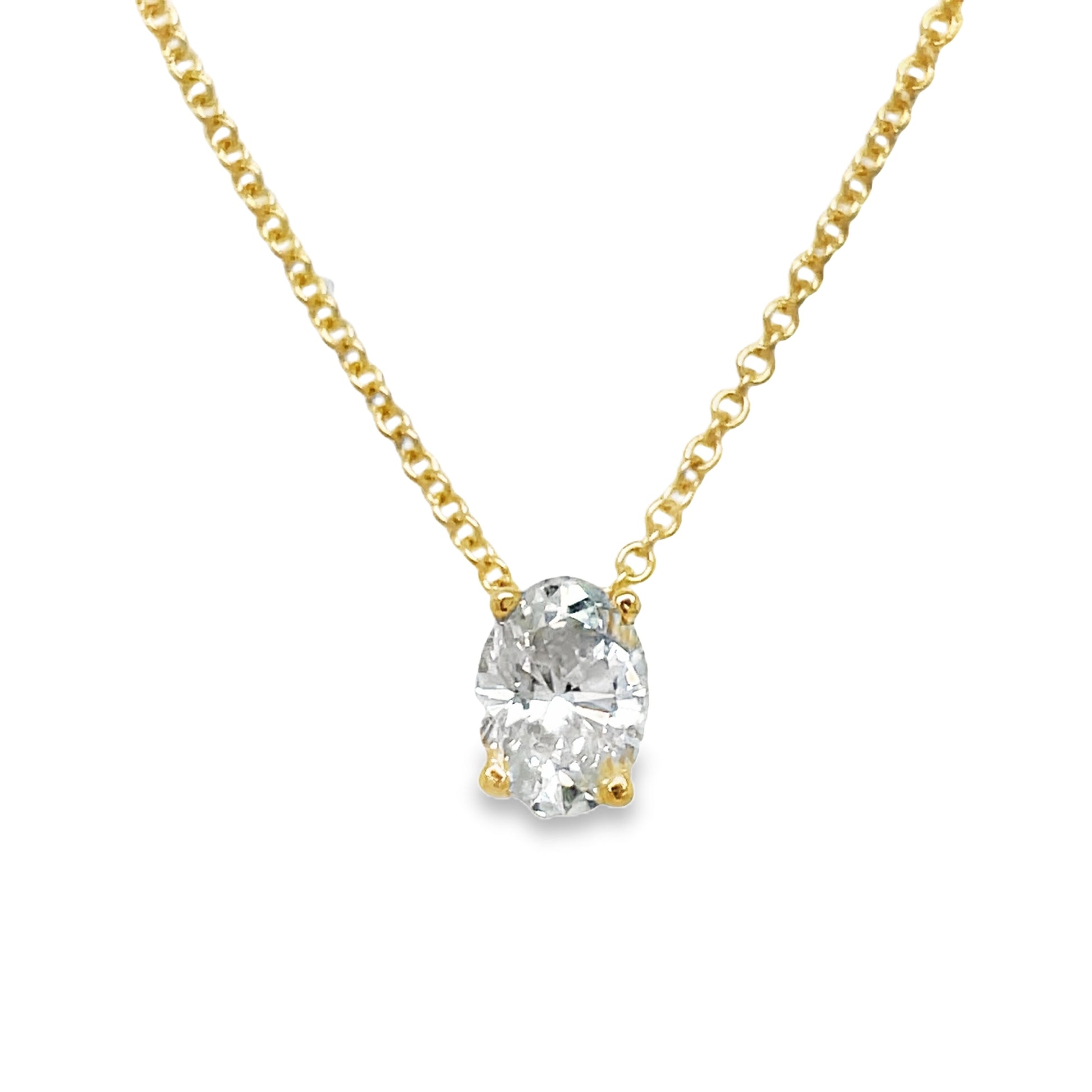 Oval Cut Diamond Solitaire Yellow Gold Necklace  1.20 cts Front view 