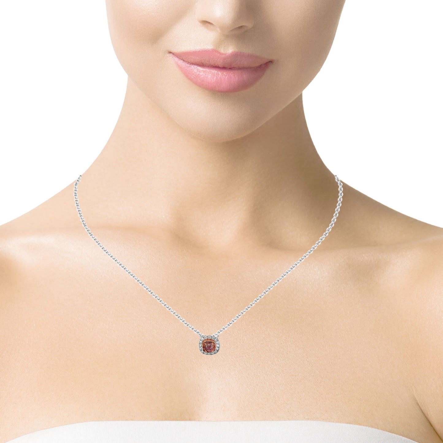 Try-on front view of Fancy Pink Diamond and Diamond Bezel Pendant Necklace 0.25 cts