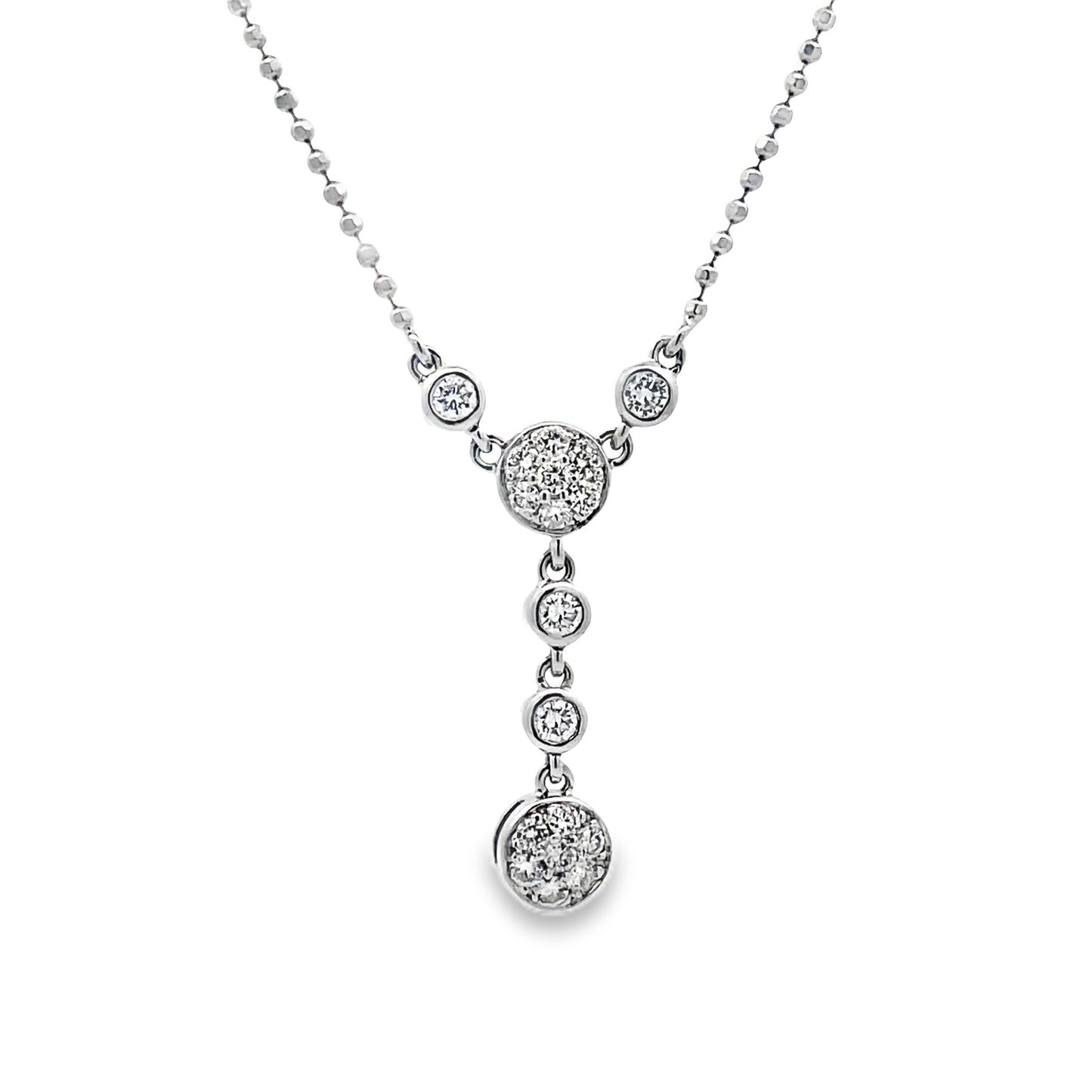 Front view of 14k White Gold Diamond Pave Set Lariat Circle Necklace 1.00 cts