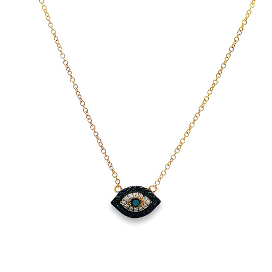 Front view of Diamond Oval Evil Eye Yellow Gold Necklace with Turquoise