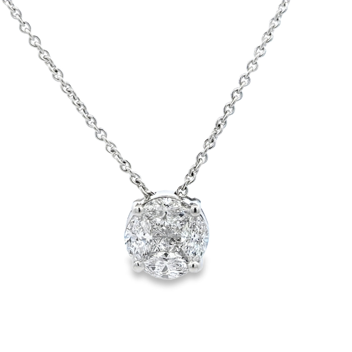 Front view of 18k White Gold Round Cut Illusion Diamond Pendant Necklace 0.90 cts