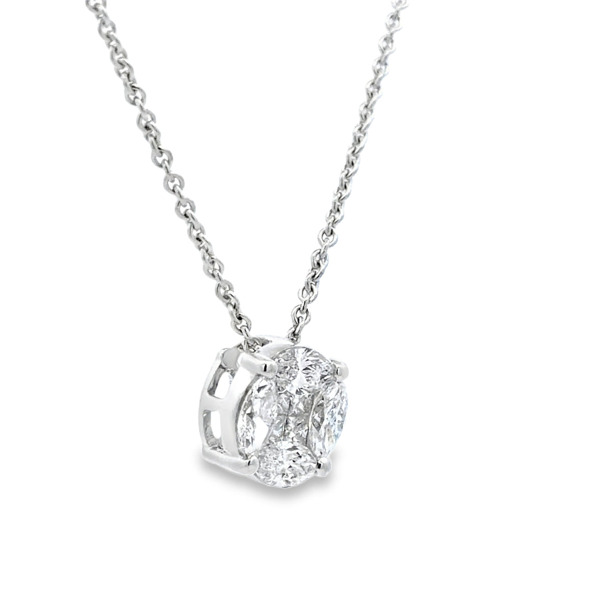 Side view of 18k White Gold Round Cut Illusion Diamond Pendant Necklace 0.90 cts