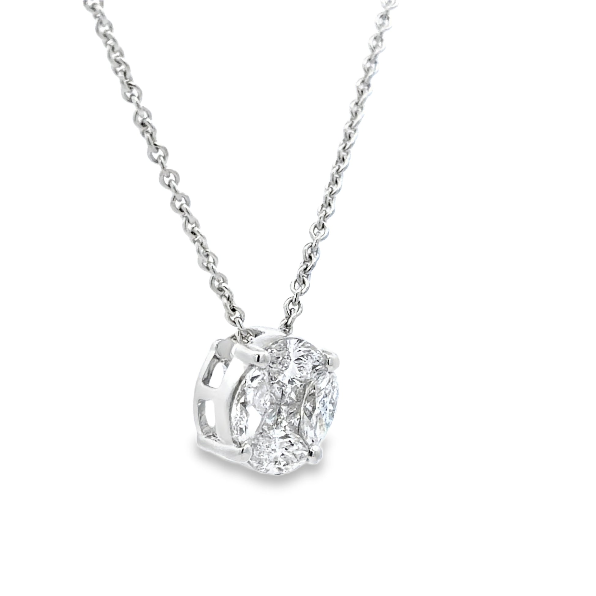 Side view of 18k White Gold Round Cut Illusion Diamond Pendant Necklace 0.90 cts