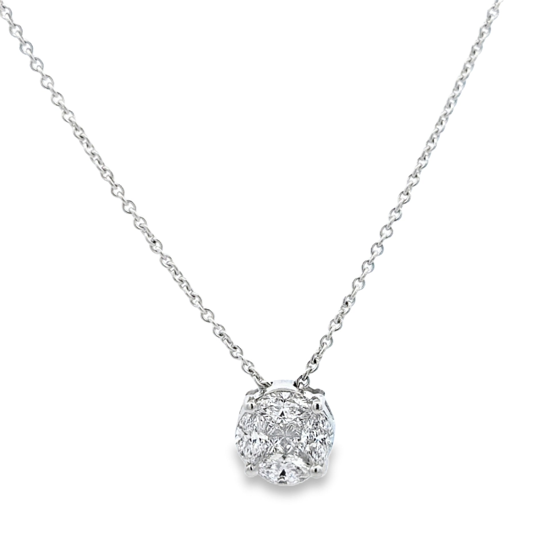 Front view of 18k White Gold Round Cut Illusion Diamond Pendant Necklace 0.90 cts