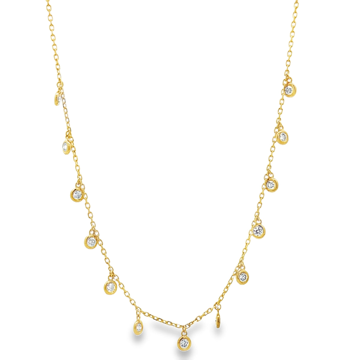 Side view of 14k Yellow Gold Bezel-Set Diamond Drop Charm Necklace
