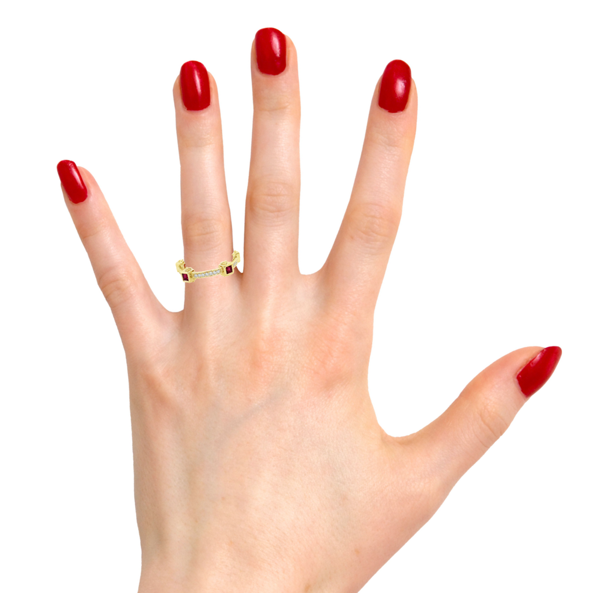 Try on view of 14k Yellow Gold Ruby & Diamond Cardinal Point Ring