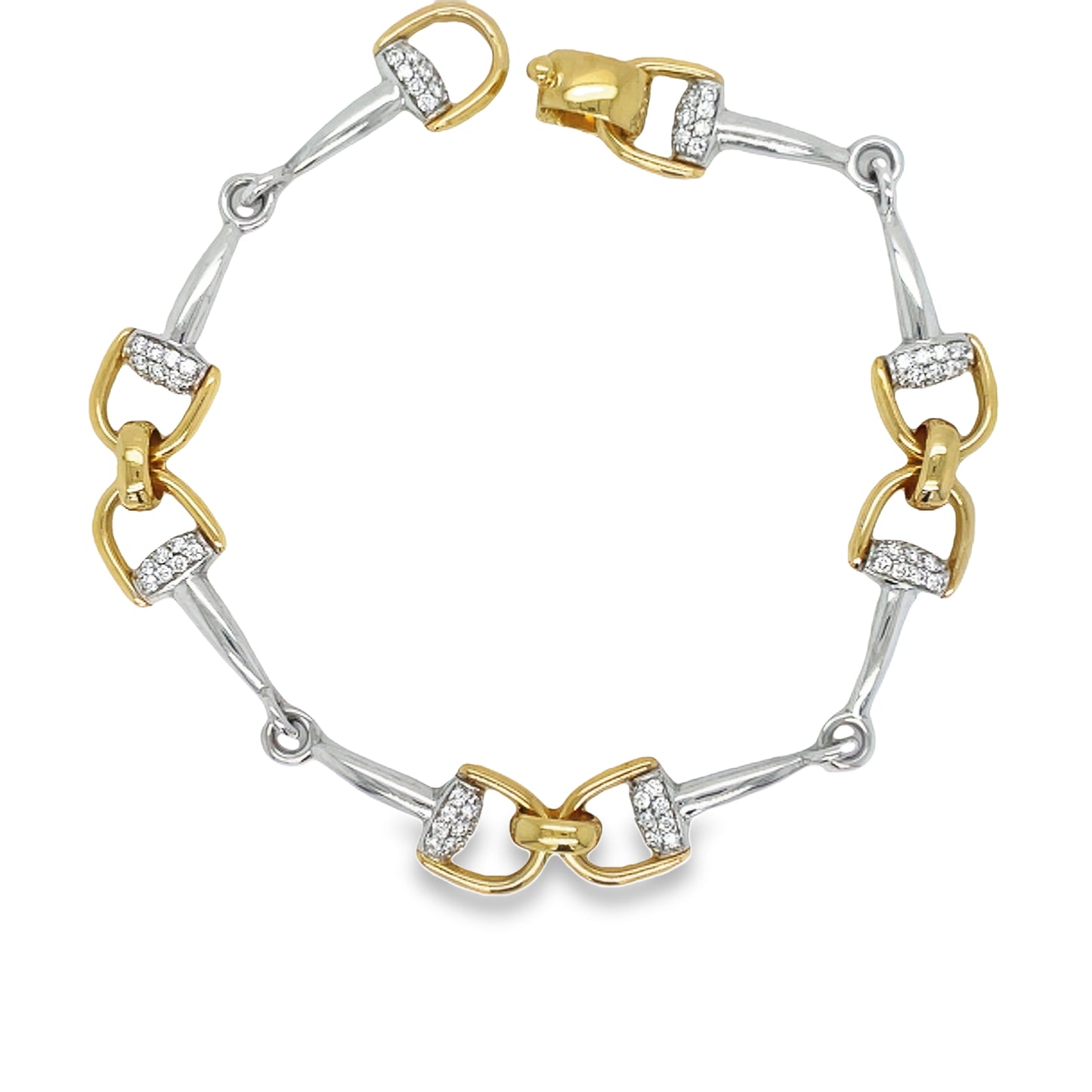 18k Italian Diamond Yellow Gold Horse bit Link Bracelet Top view clasp unfastened