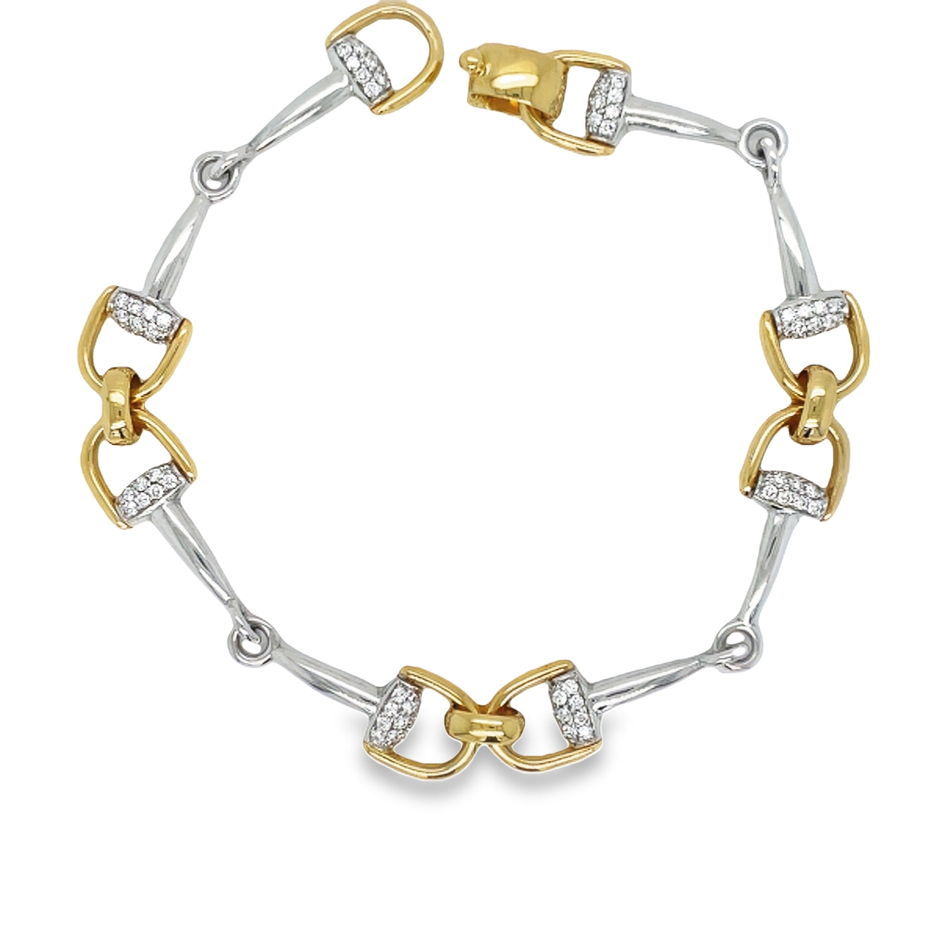 18k Italian Diamond Yellow Gold Horse bit Link Bracelet Top view clasp unfastened