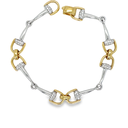 18k Italian Diamond Yellow Gold Horse bit Link Bracelet Top view clasp unfastened