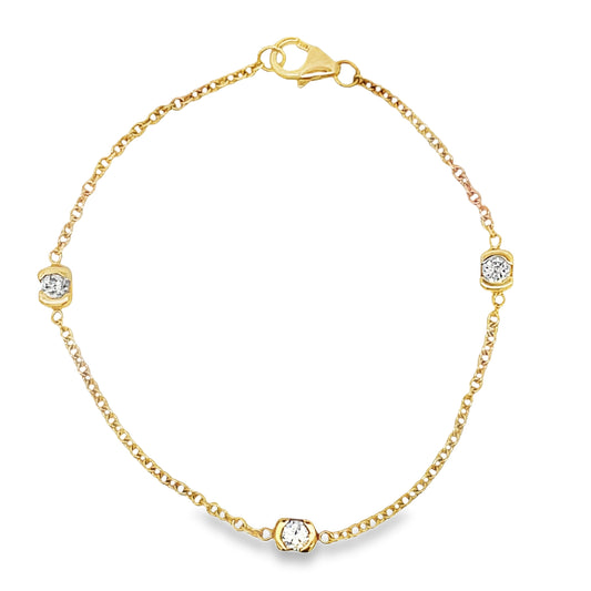 Top view of 14k Yellow Gold three Diamond Station Bracelet 