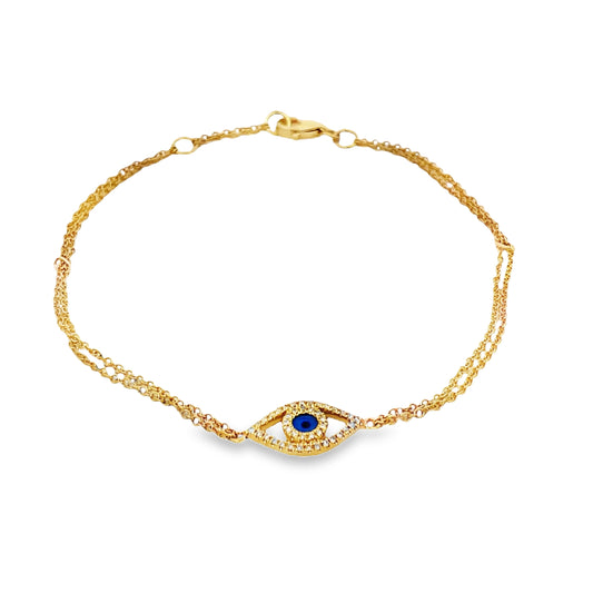 Top view of Diamond Oval Evil Eye Double Row Chain Yellow Gold Bracelet