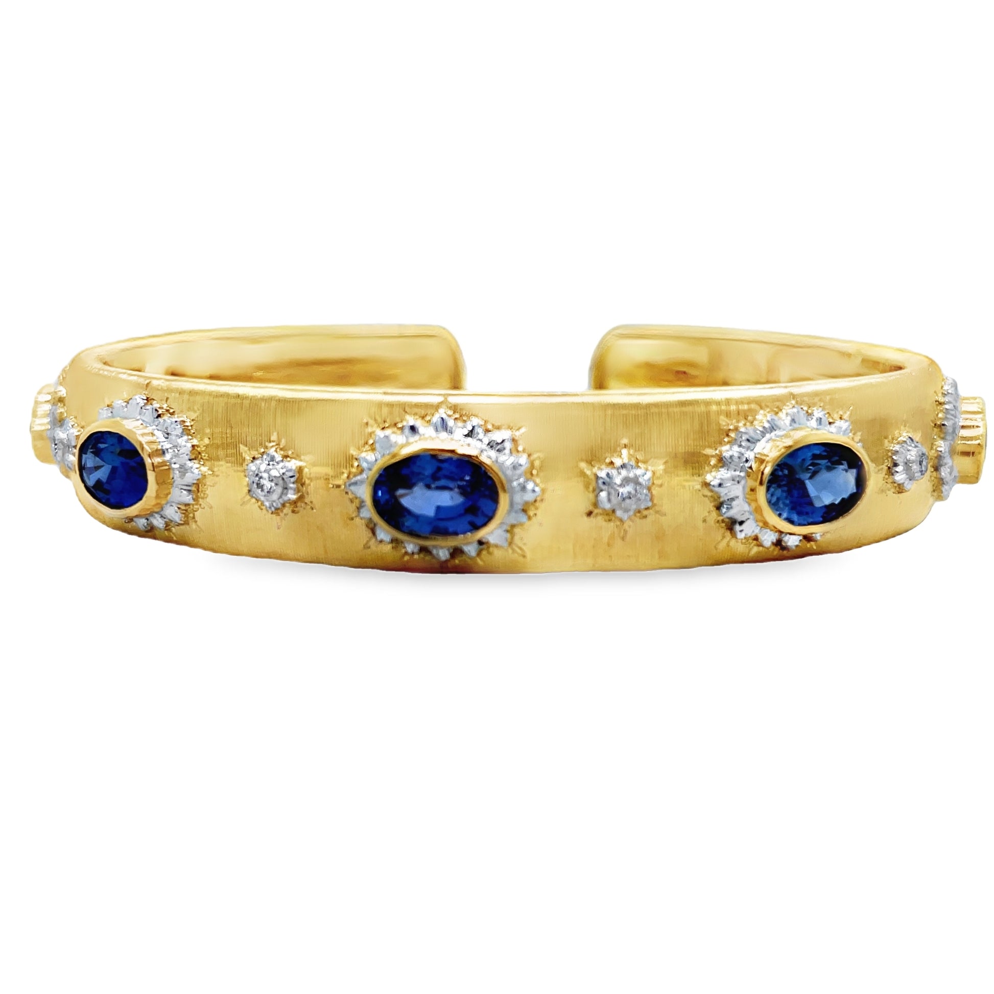 Italian 18K Yellow Gold Sapphire and Diamond Brushed & Hand Engraved Bangle Bracelet Front view