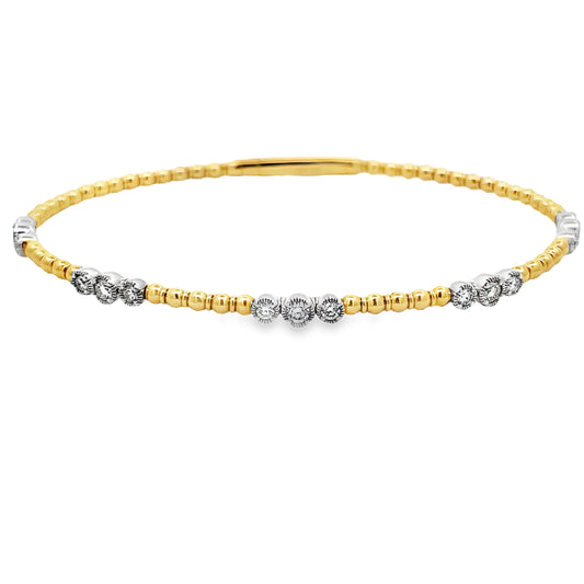 Front view of 14k Flexible White and Yellow Gold Five Triple Circle Station Diamond Bangle Bracelet