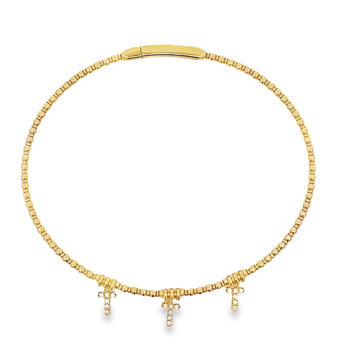 Top view of 14k Flexible Yellow Gold Triple Cross Station Diamond Bangle Bracelet 