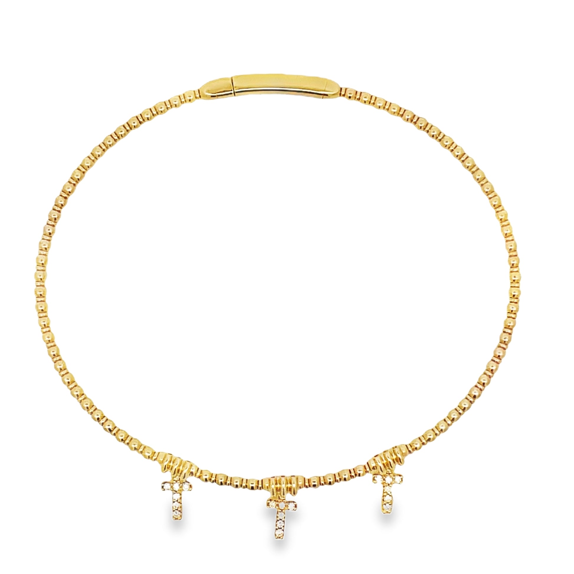 Top view of 14k Flexible Yellow Gold Triple Cross Station Diamond Bangle Bracelet 
