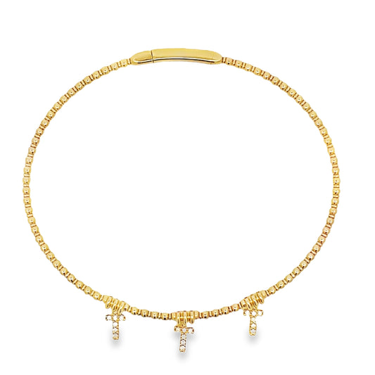 Top view of 14k Flexible Yellow Gold Triple Cross Station Diamond Bangle Bracelet 