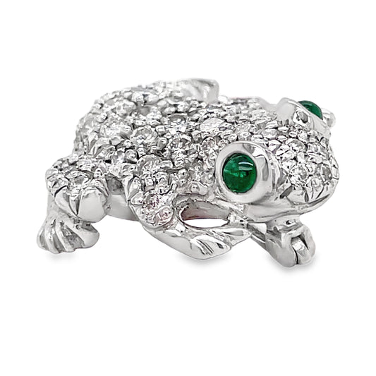 Side view of 18k White Gold Diamond & Emerald Frog Brooch