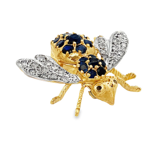 Top view of Estate 18k Gold Two Tone Sapphire and Diamond Bee Brooch 