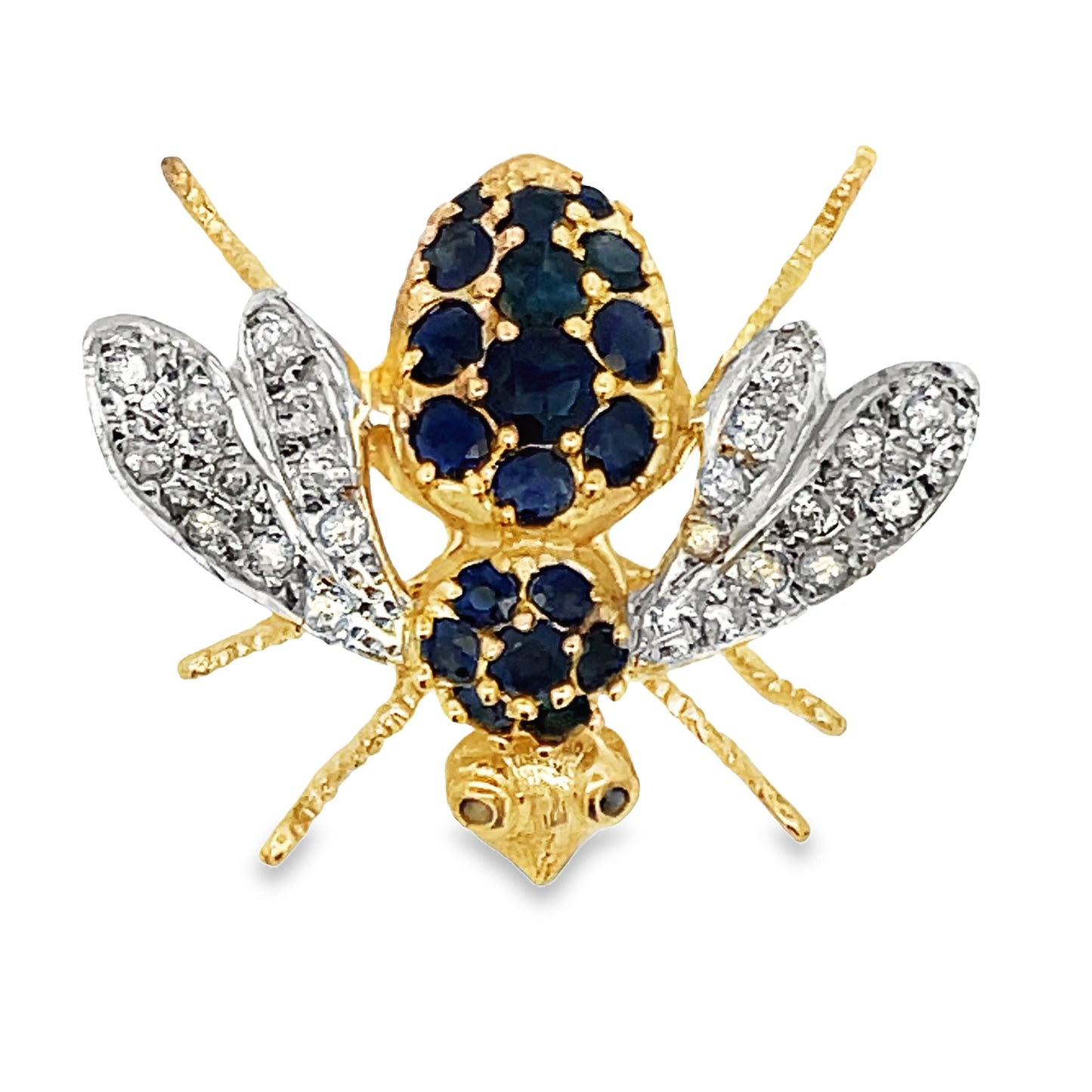 Top view of Estate 18k Gold Two Tone Sapphire and Diamond Bee Brooch 