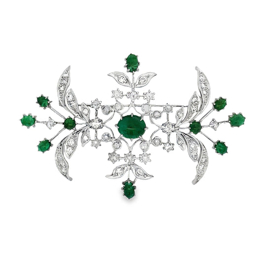 Front view of Estate 18k White Gold Emerald Cabochon and Rose Cut Diamond Brooch