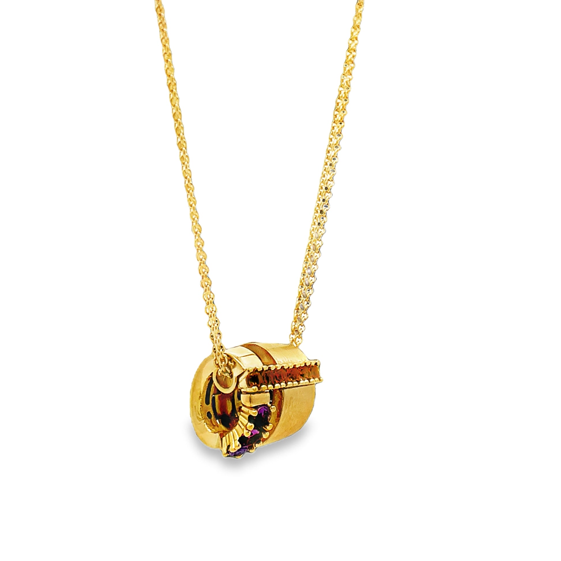 Side view of 18K Italian Made Yellow Gold Amethyst and Citrine Barrel Pendant Necklace 18"