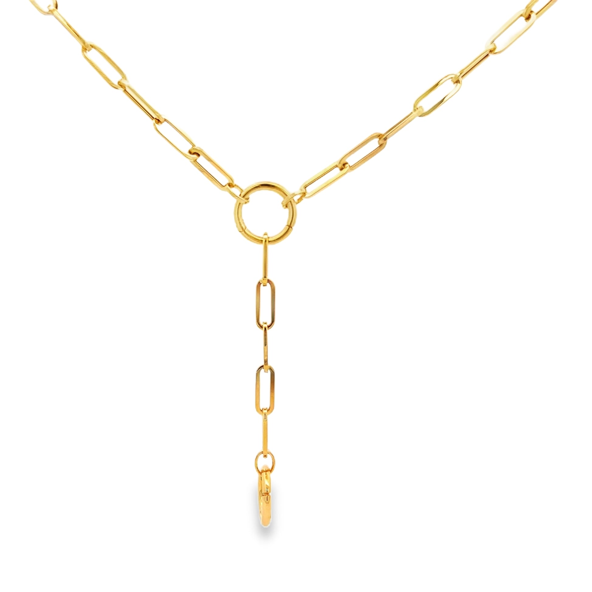Front view of 18K Italian Made Yellow Gold Lariat Paperclip Necklace 20" long