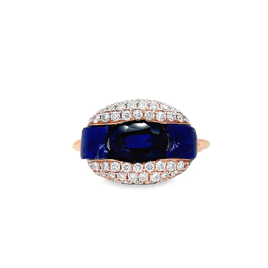 Front view of 14k Rose Gold Open Oval Sapphire and Lapis-Lazuli Diamond Pave Ring
