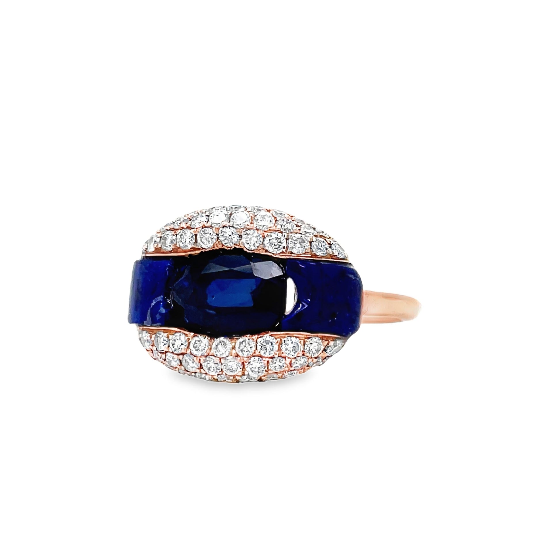 Side view of 14k Rose Gold Open Oval Sapphire and Lapis-Lazuli Diamond Pave Ring