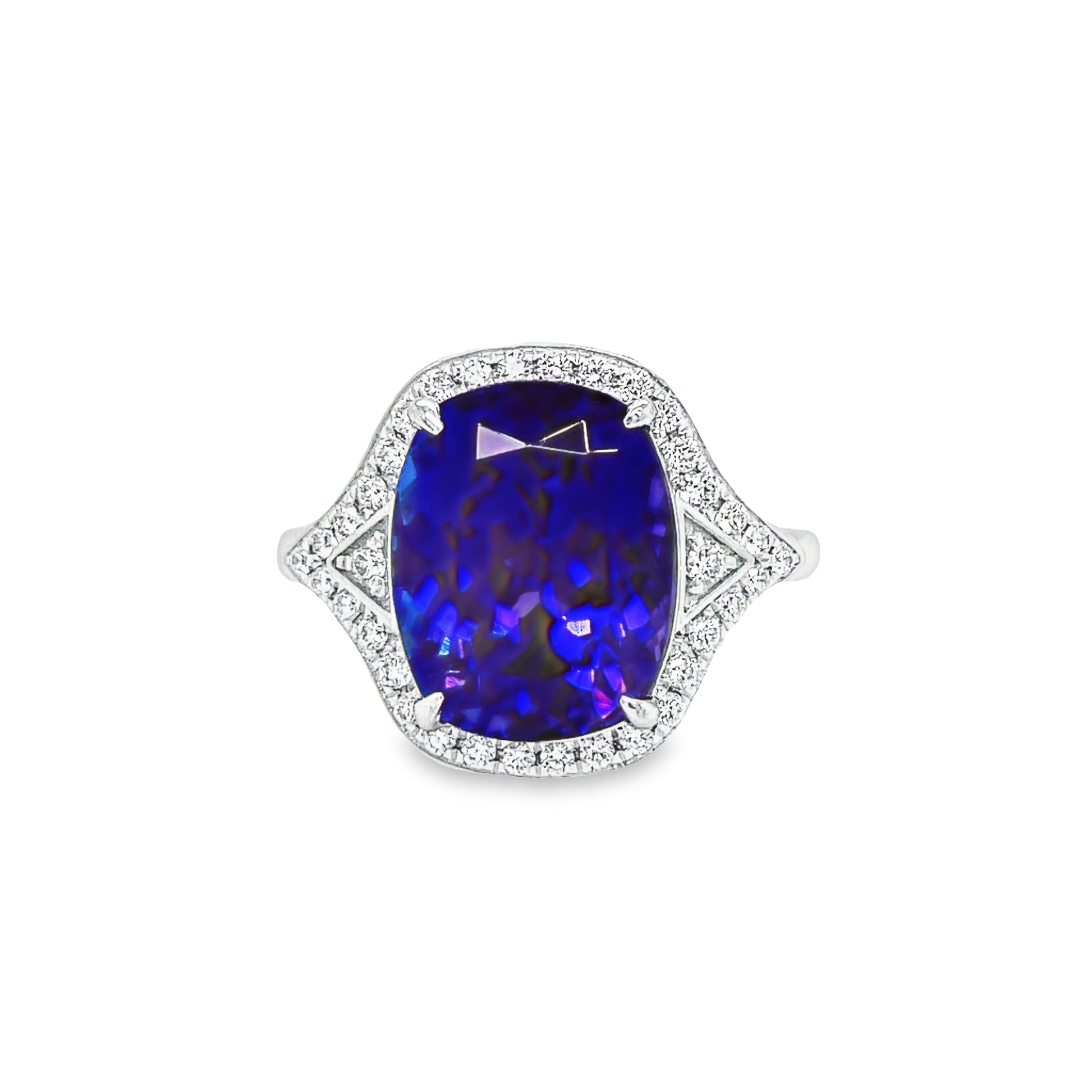 Stunning Modified Radiant Cut Tanzanite & Diamond Cocktail Ring Front view 