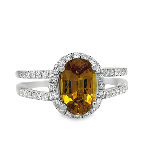 Front view of Brownish Yellow Sapphire & Double Row Diamond Platinum Ring