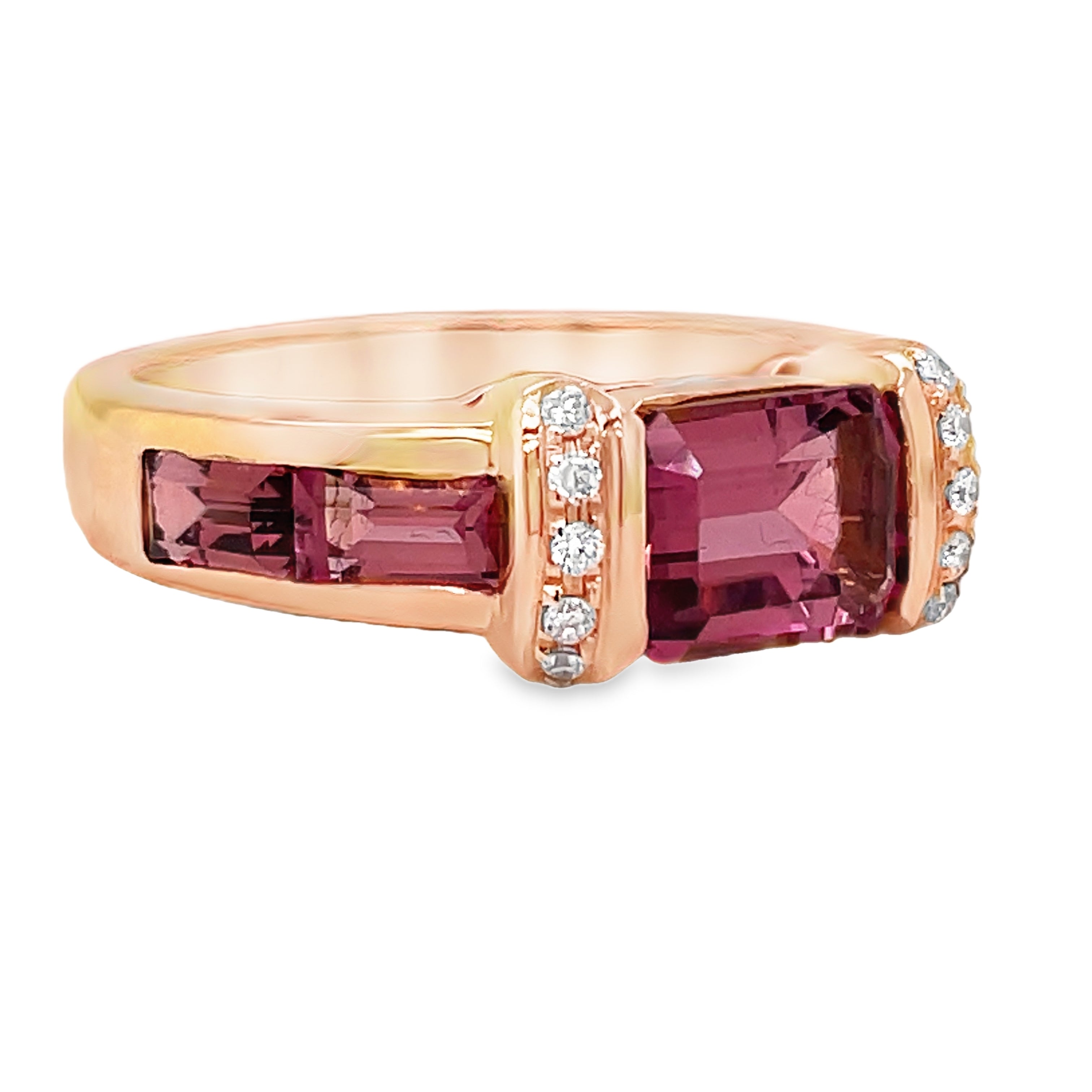 Indulge in the exquisite beauty of this Italian-made 18k rose gold fashion ring. Adorned with a vibrant pink tourmaline and shimmering round diamonds, this stackable piece exudes luxury and sophistication. Elevate any outfit with this one-of-a-kind accessory.