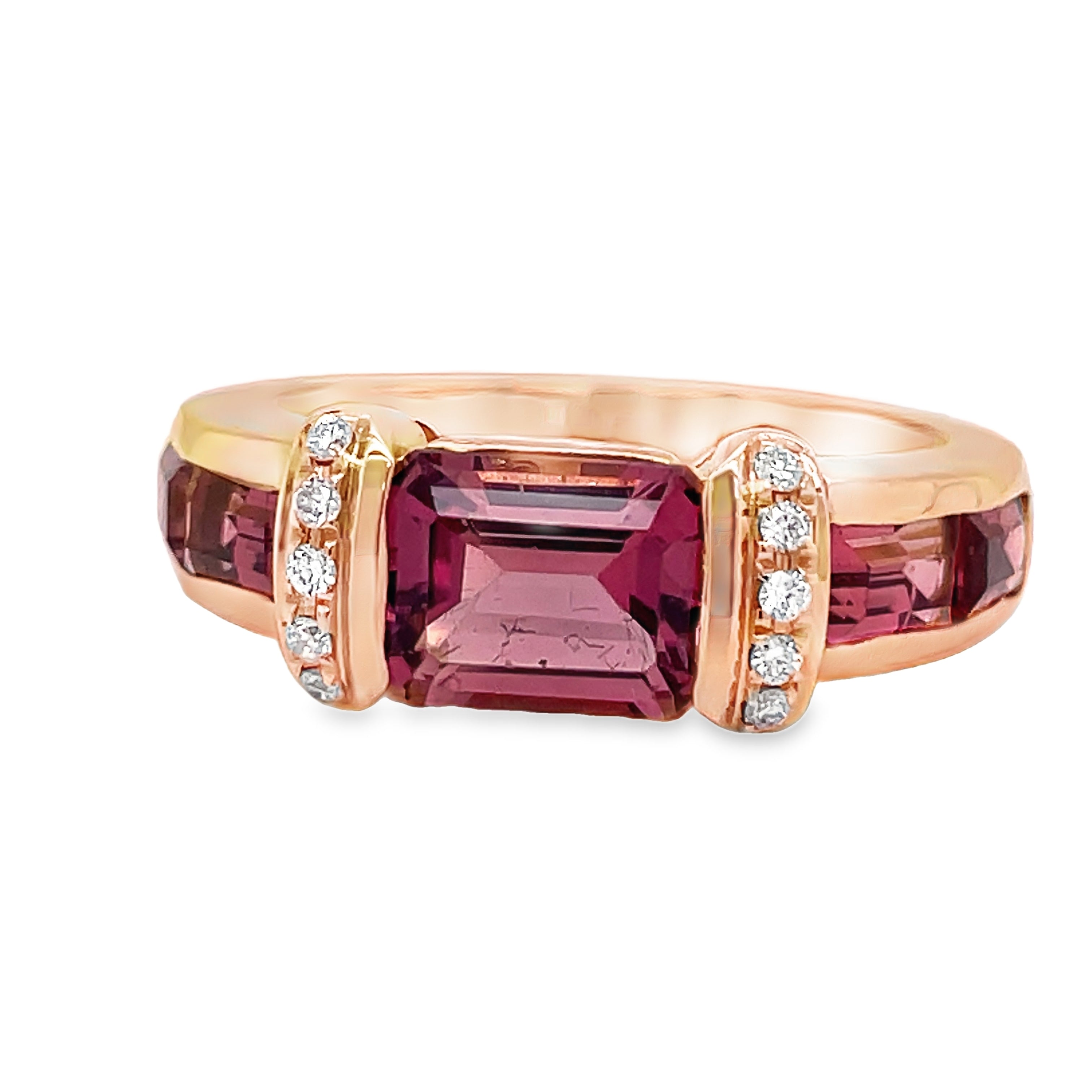 Indulge in the exquisite beauty of this Italian-made 18k rose gold fashion ring. Adorned with a vibrant pink tourmaline and shimmering round diamonds, this stackable piece exudes luxury and sophistication. Elevate any outfit with this one-of-a-kind accessory.