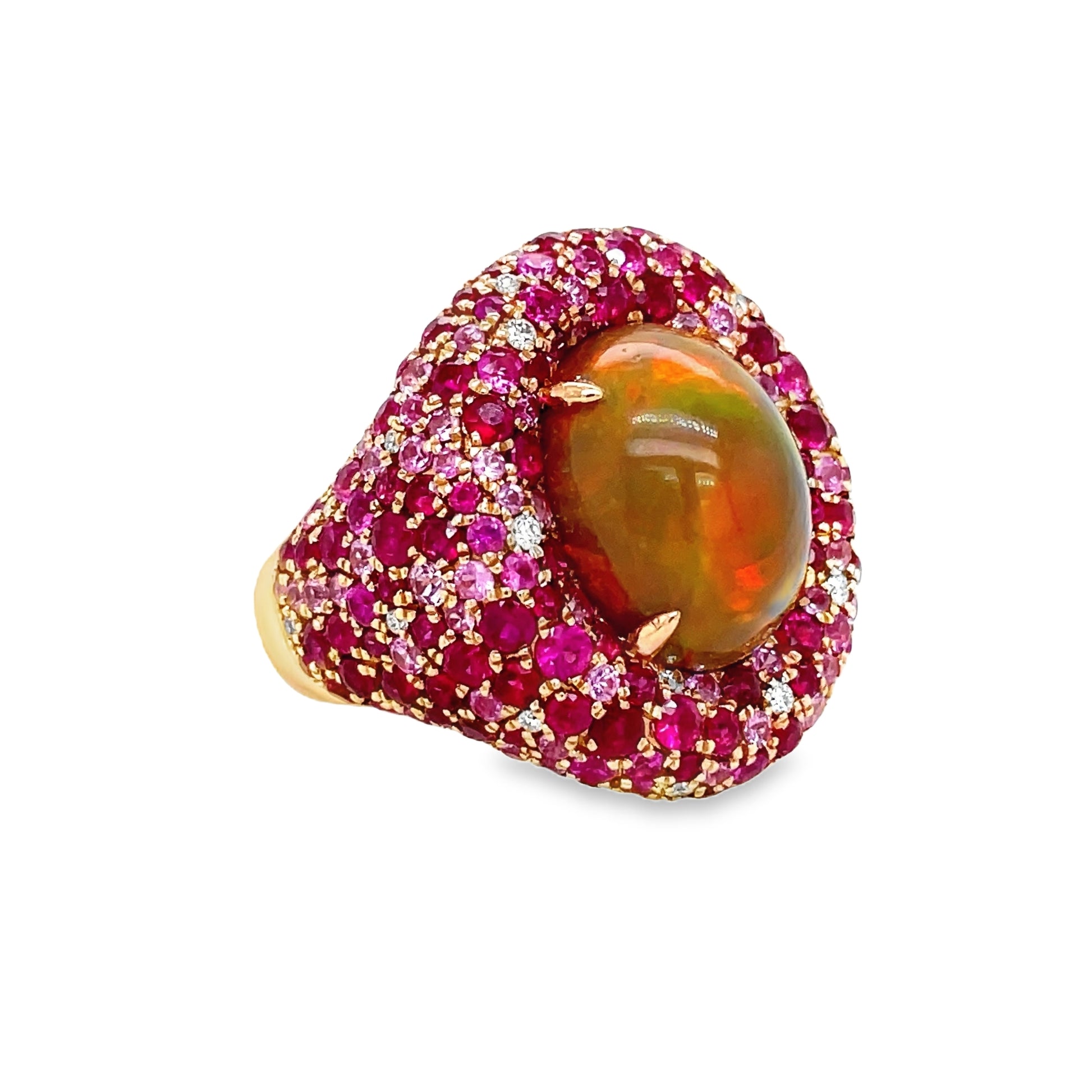Unique Style Opal Cabochon, Faceted Rubies & Diamond Dome Ring Side view 