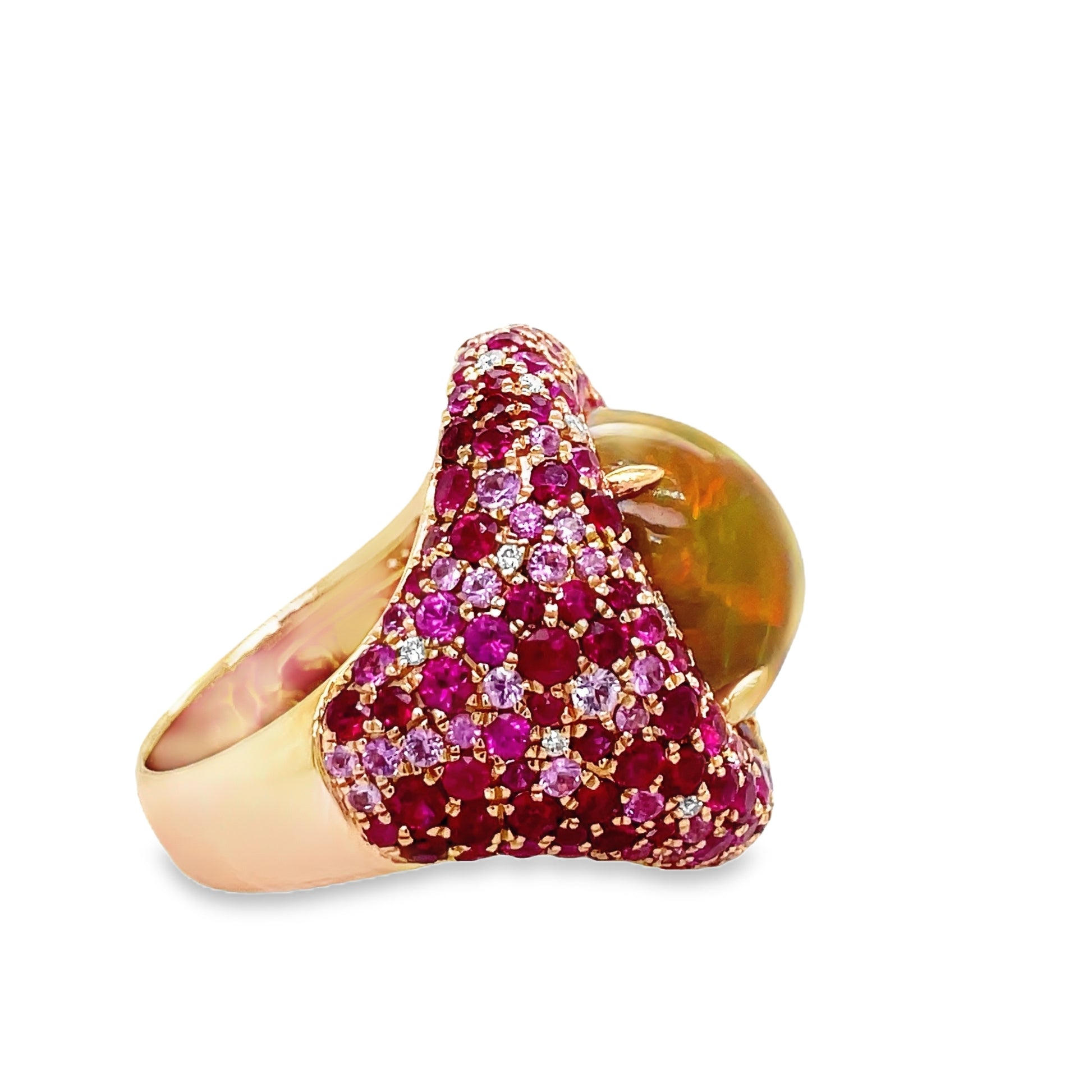Unique Style Opal Cabochon, Faceted Rubies & Diamond Dome Ring Profile View