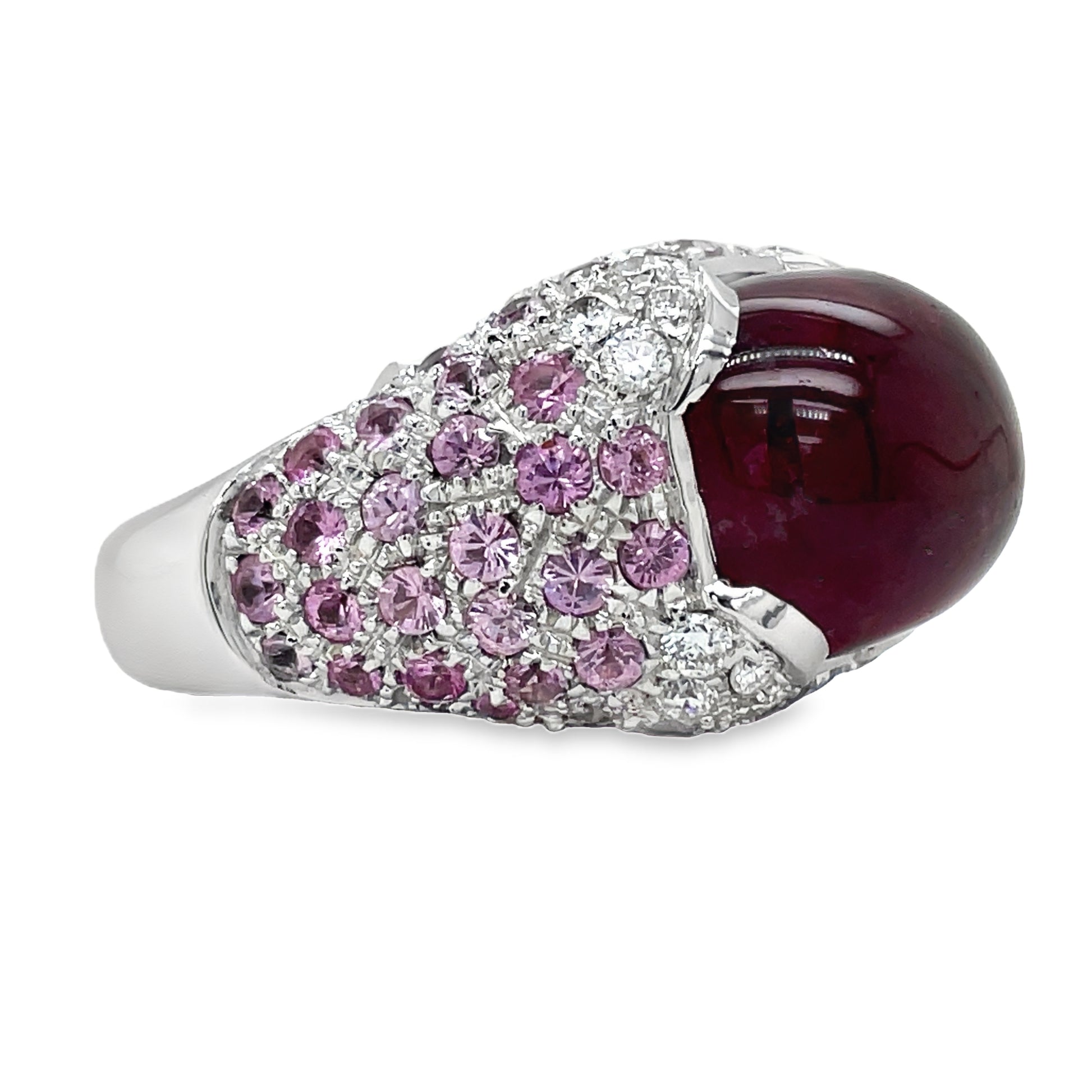 Italian Made Ruby Cabochon, Pink Topaz and Diamond Fashion Ring Profile View