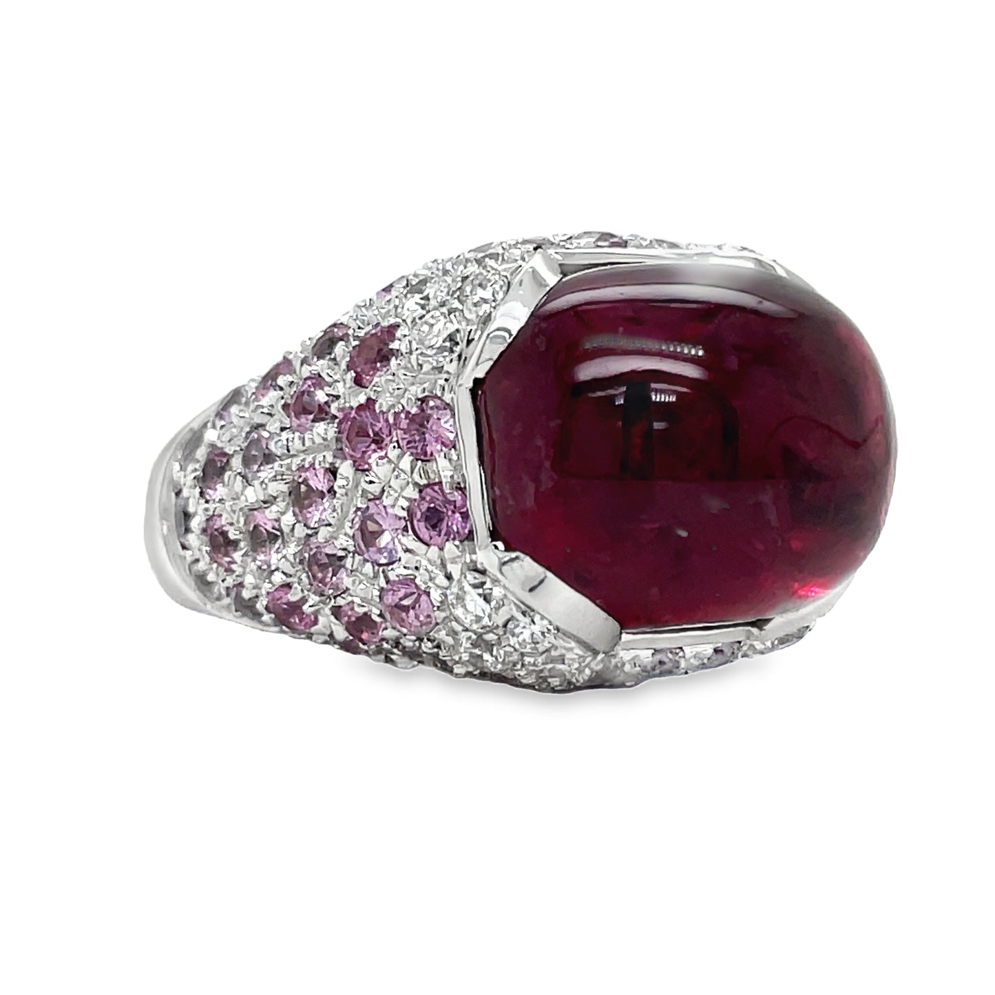Italian Made Ruby Cabochon, Pink Topaz and Diamond Fashion Ring Side view
