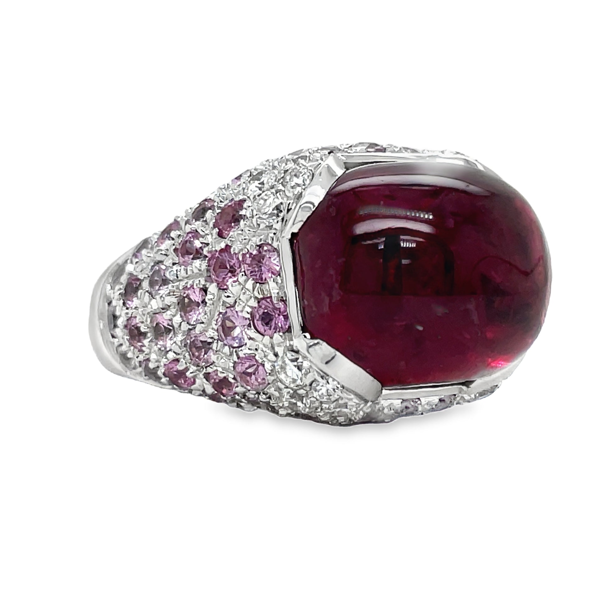 Italian Made Ruby Cabochon, Pink Topaz and Diamond Fashion Ring Side view
